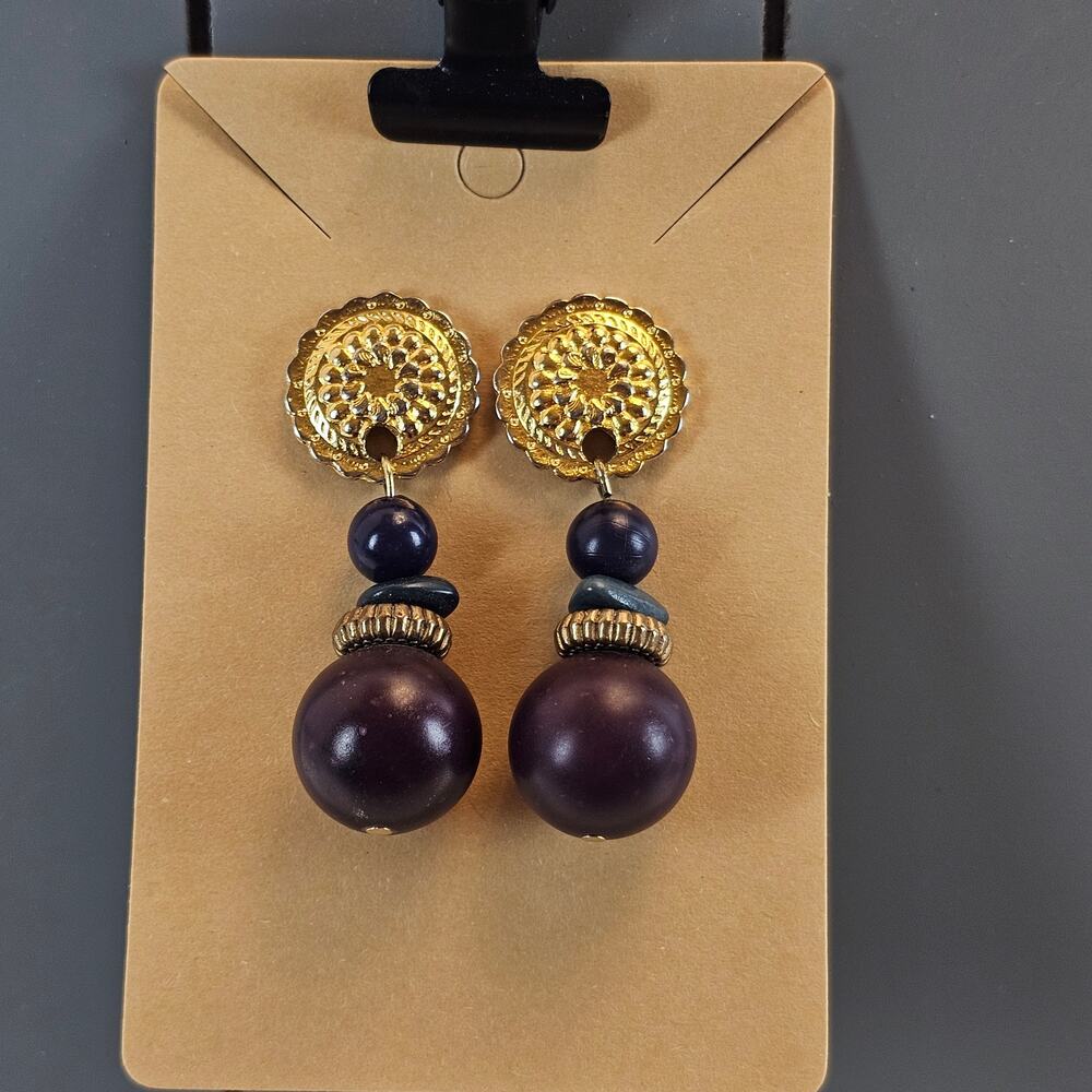 Vintage Style Gold Tone Purple Brown Beaded Dangle Drop Earrings Boho 2" - Picture 13 of 13